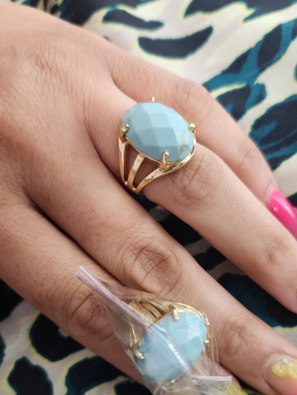 Gold-PLATED Ring with Faceted Light Blue Stone Women's Fashion Jewelry